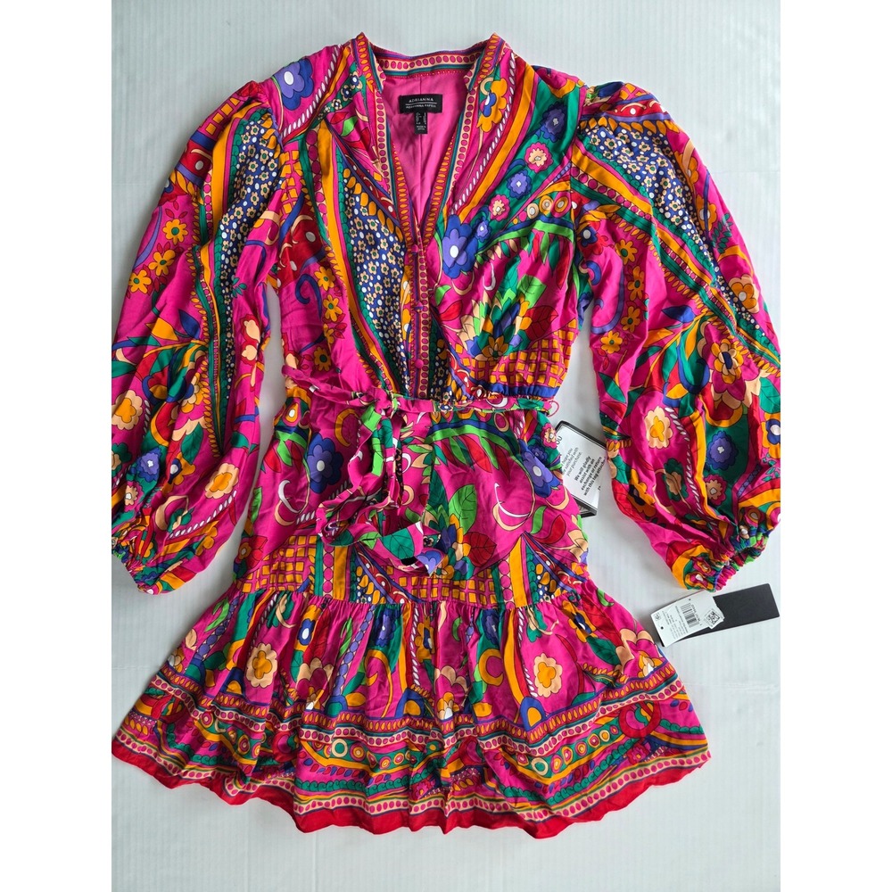 Adrianna Papell Pink Multi Floral Paisley Puff Sleeve Mini Dress Size 2 NWT